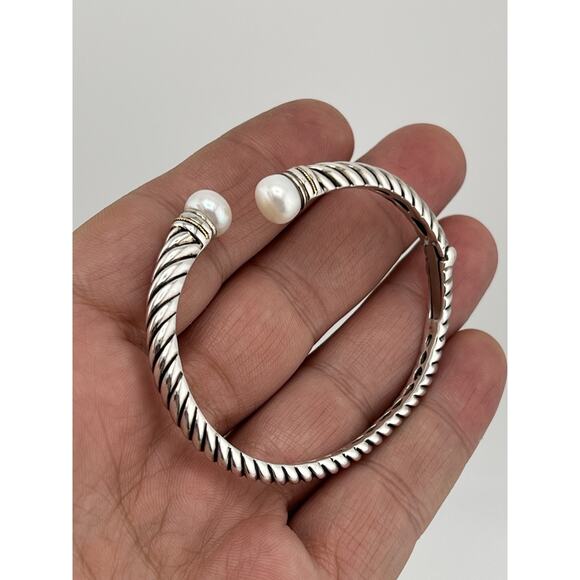 EFFY Sterling Silver 18k Yellow Gold Twisted Pearl Hinged Cuff Bracelet - Picture 6 of 16